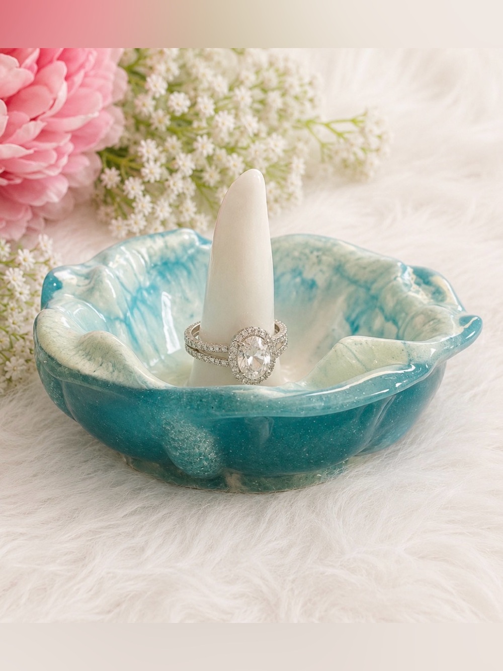Teal and white Resin Jewelry Dish with Ring Holder